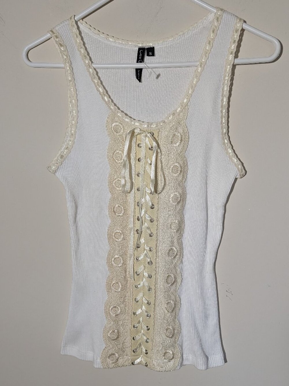 Cha Cha Vente Bohemian Sleeveless Lace Up Ribbed Tank Top Size S White Cream